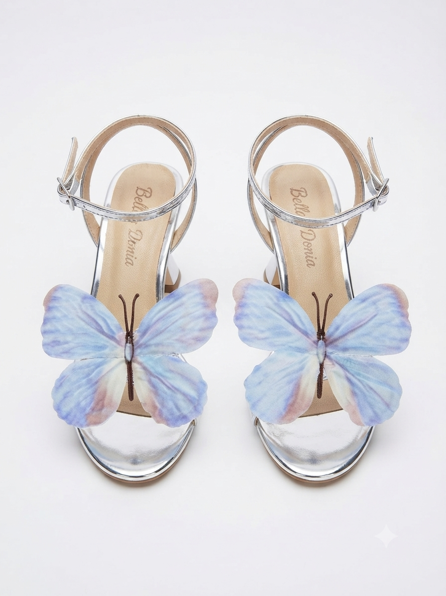 Bella Donia Metallic Silver & Blue Butterfly Block Heel 5cm