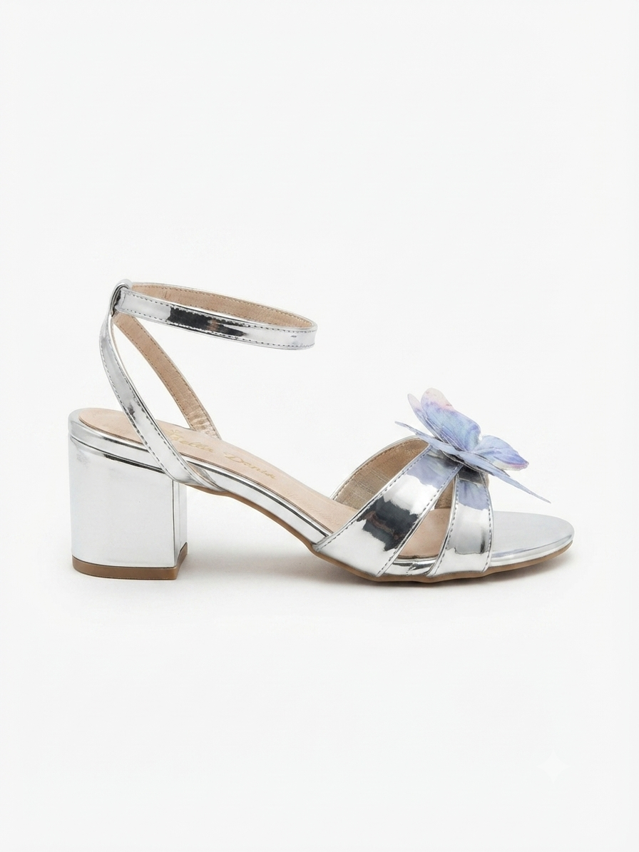 Bella Donia Metallic Silver & Blue Butterfly Block Heel 5cm
