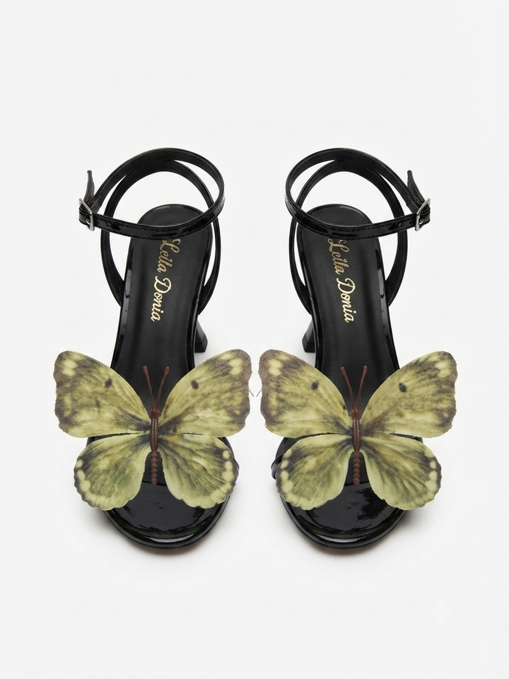 Bella Donia Black Patent & Olive Butterfly Stiletto Heel 5cm