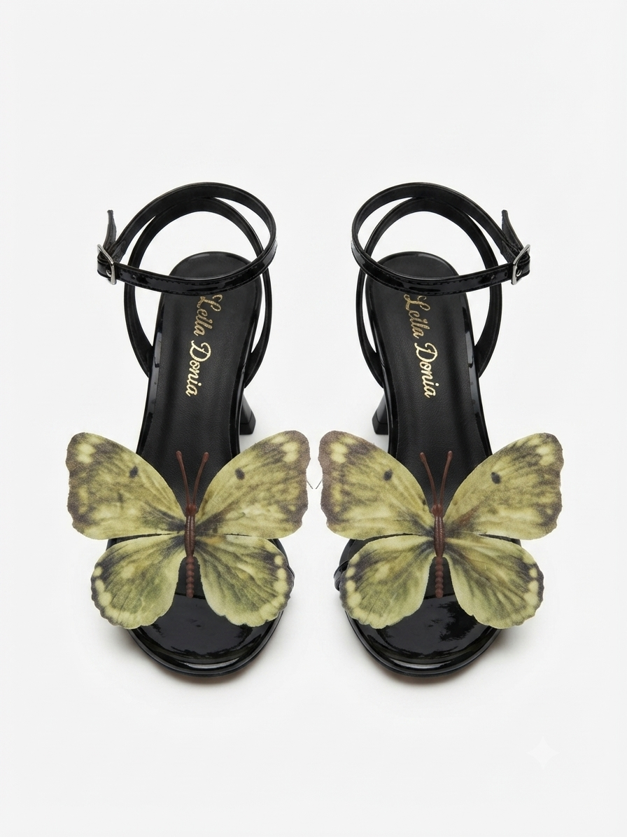 Bella Donia Black Patent & Olive Butterfly Stiletto Heel 5cm